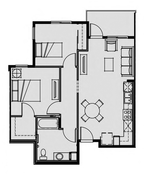 Floor plan for 2 beds, 1 bath, 844 sqft
